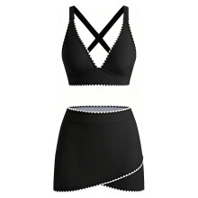 Comfortable Swimsuit Set Polyester Separate Top Bottom Swimming Suit Two Piece Black XL
