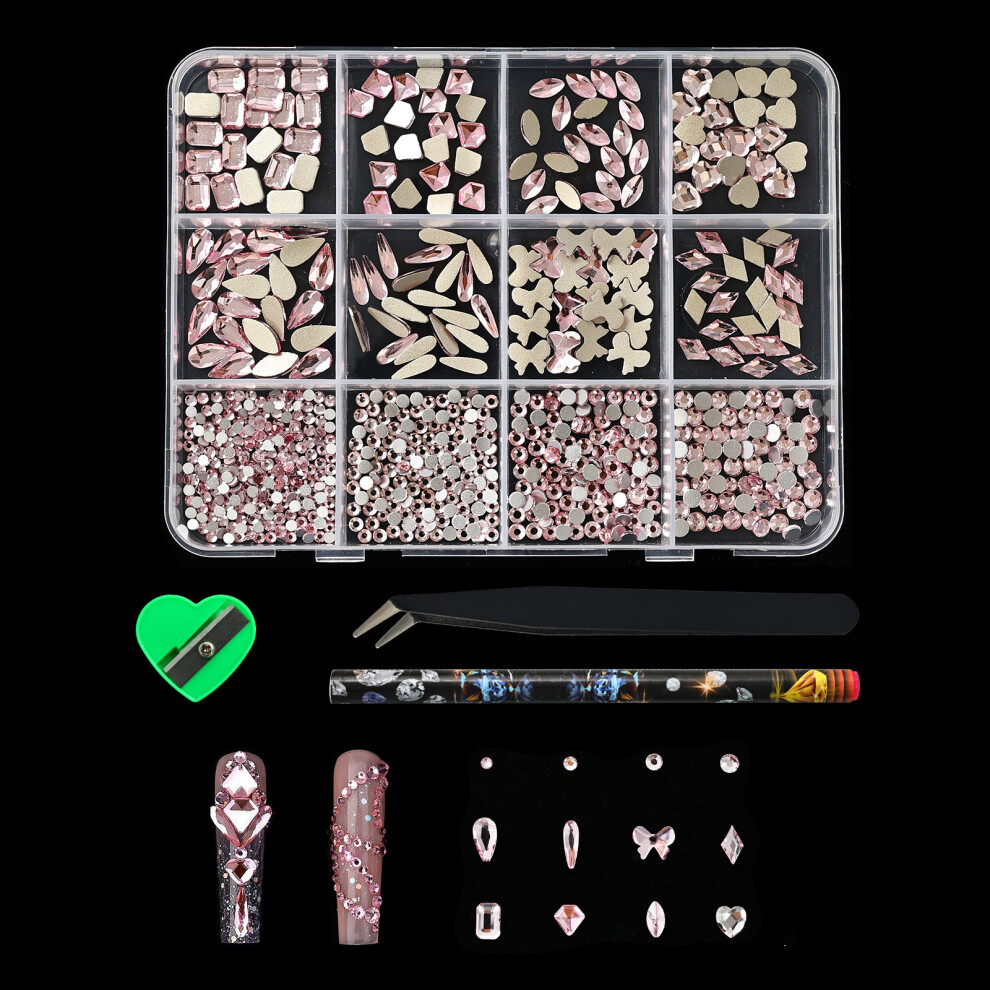 Pink Irregular Shaped 3D Nail Rhinestones In 12Grids For Professional Artists