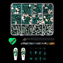 12Grids Assorted Color 3D Nail Decors Flat Bottom Rhinestones For Professional Green