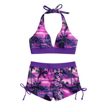Flexible Swimsuit Polyester Texture High Waist Suitable for Sunbathing P coconut tree XL