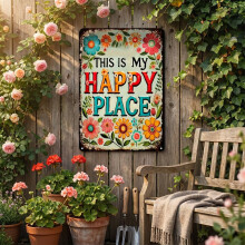 (Happy Place, -) 1er-Metallschild, rund, "Happy Place", rustikal, für Garten, Terrasse