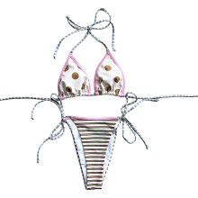 Women Dotted Stripe Swimsuit Two Piece Halterneck Swimwear for Swimming Surfing M