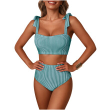Comfortable Women Swimwear 2 Piece Set Stripe High Waist Tankini Beach Green stripes L