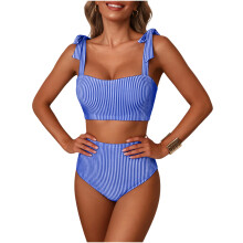 Women's Tankini 2Pcs Set Stripe High Waist Adjustable Swim Suit Beachwear Blue XL
