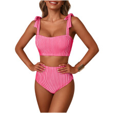 Comfortable Women Swimwear 2 Piece Set Stripe High Waist Tankini Beach Rose red stripes M