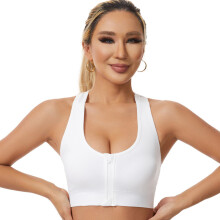 Hollowed Back Sports Bra with Front Zippered Closure for Women Gym Fitness White 2XL