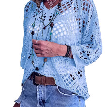 See Through Crochet Beach Shirt Loose Bat Sleeves Swimsuit Coverup Shirt Sky Blue M