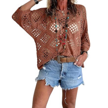 See Through Knitted Beach Shirt Swimsuit Coverup Shirt For Beach Caramel color XL