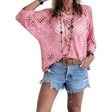Bat Sleeve Beach Shirt Hollow out Knitted Swimwear Coverup Shirt for Sunbathing Pink S