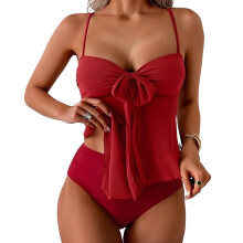 Women Two Piece Sheer Tankini Bathing Suit High Waist Swimwears with Sheer Tie Red M