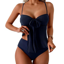 Women Two Piece High Waist Sheer Tankini Swimsuit with Adjustable Sheer Tie Navy blue L