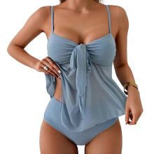 Women Two Piece Sheer Tankini Swimsuit with High Waist Briefs for Beach Light blue L