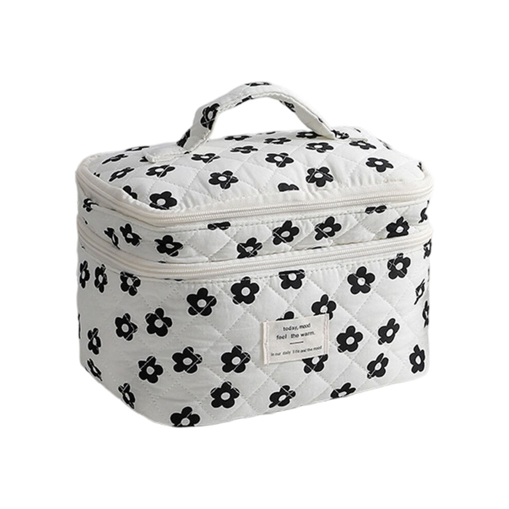 Floral Quilted Cosmetic Bag Large Capacity Makeup Pouch For Women Black flower large