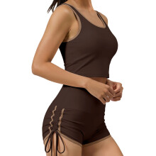 Women Workout Outfit With Sports Bra And High Waist Leggings Shorts For Running Brown L
