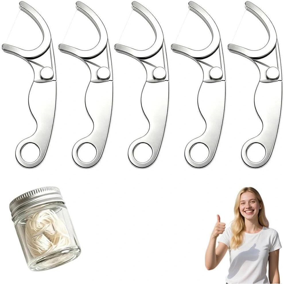 Oimg (5Pc, -) Stainless Steel Floss Holder Pick Â Reusable Metal Dental Flosser