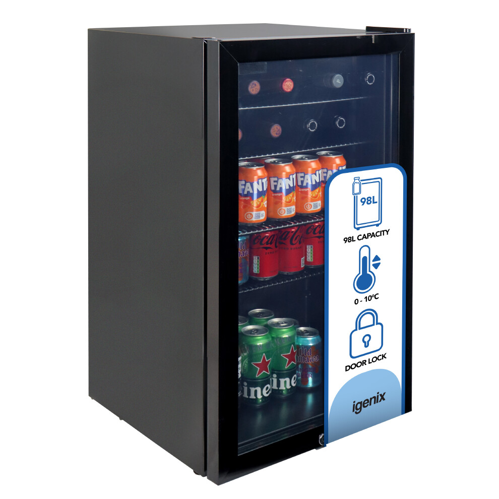 Photos - Fridge Igenix 98L Under Counter Drinks , with Lock, 0 to 10C, Compact Beverage Cooler, Reversible Door, IGBF098UCB, Bl