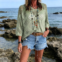 Hollow out Knitted Beach Shirt Swimsuit Coverup Shirt For Beach Vacation Sea blue XXXXL