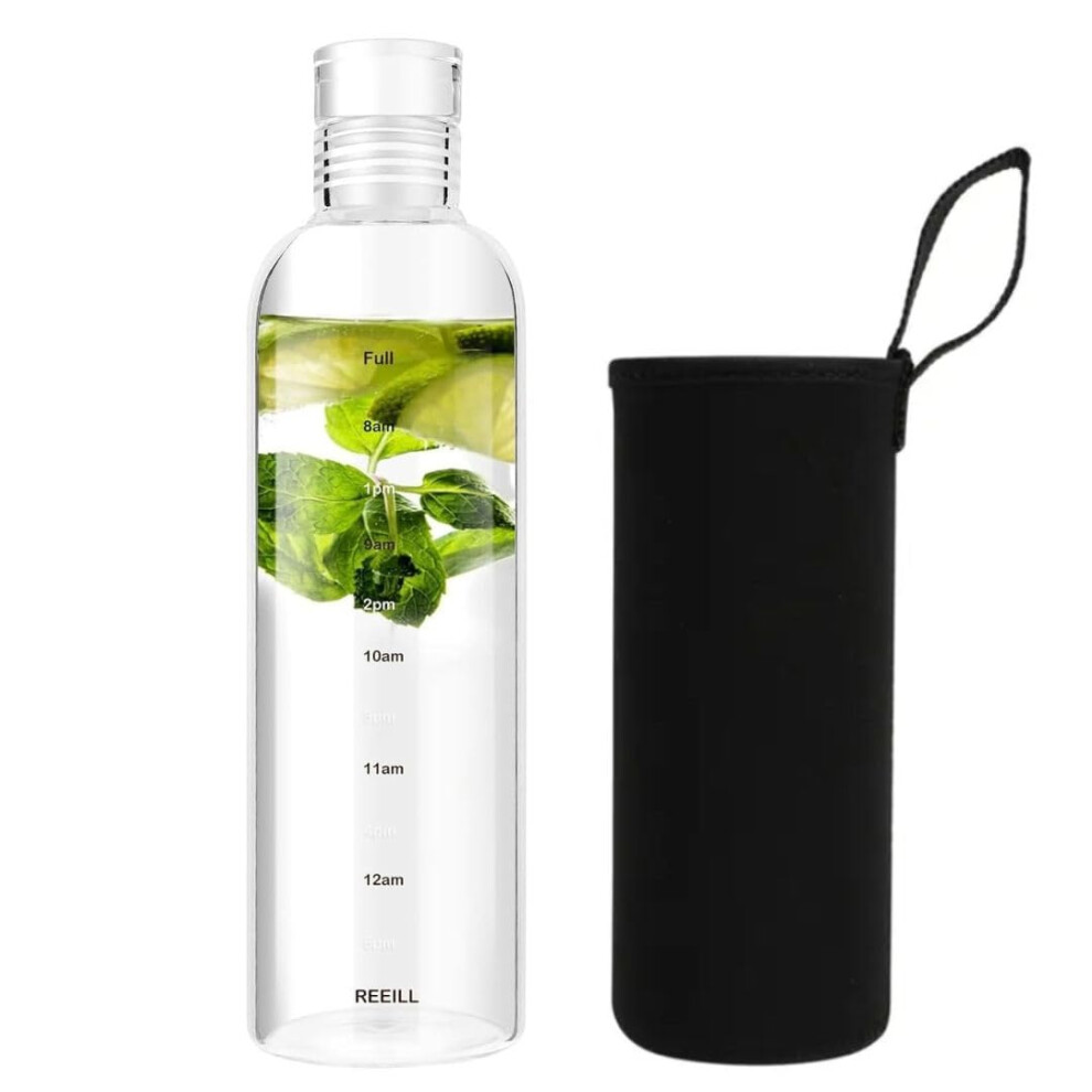 500 ml Glass Water Bottle with Sleeve | Glass Lid | 17oz Large-capacity Desk Bottle With Time Markings | BPA Free Drinkware (With Black Sleeve, 500 m-image-OPC-PVMTB7G-NEW