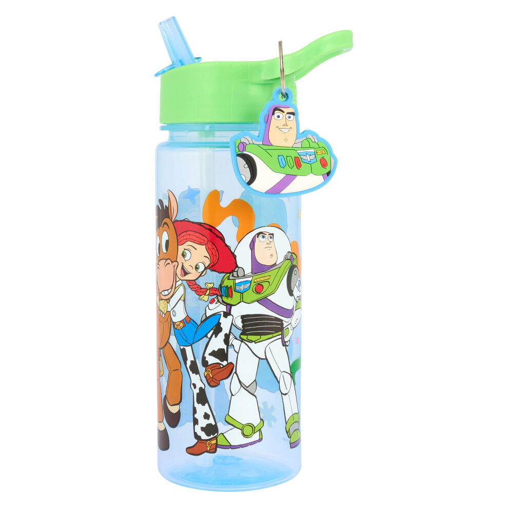 Disney Toy Story Water Bottle With Straw, 500Ml Polypropylene, Buzz Lightyear Keyring Charm, Featuring Woody, Rex, Jessie, Bullseye Characters Blue