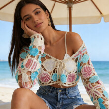 Casual Artistic Charm Mixed Blouse Coverup Great For Beach Or Wander Blue