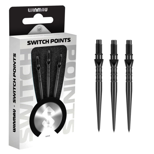 winmau WINMAU - Switch Points - Carbon Steel Tip - Threaded Rapid-Change Mechanism - 1 Set per Pack - Wave Black Effect 26mm - Professional Darts Accessorie