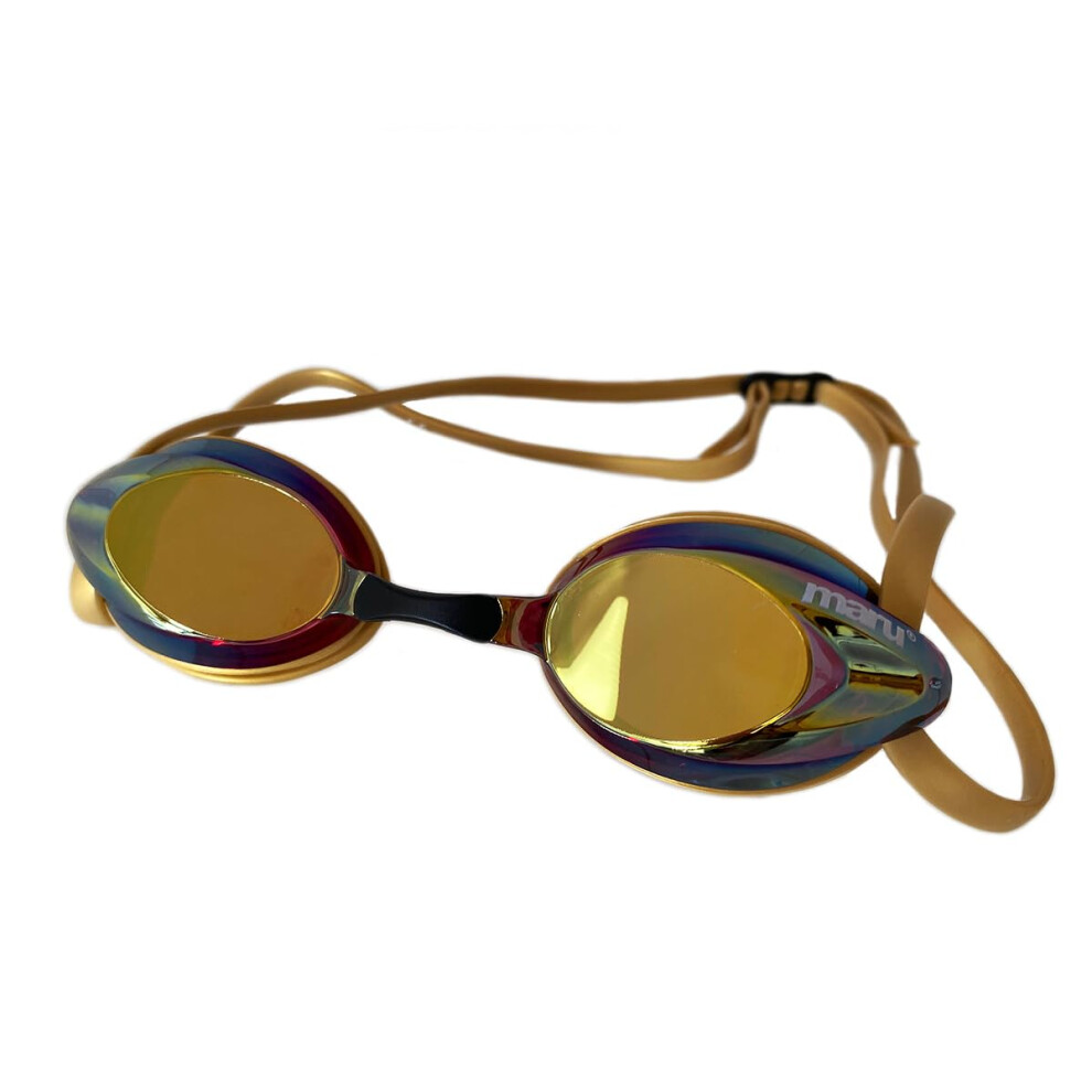 Maru Pulse Racing Swim Goggles () – Adult Swimming Goggles With Anti-Fog Mirror Lenses – Low-Profile Fit, Adjustable Nose Bridge & S Gold/Pink/Blue
