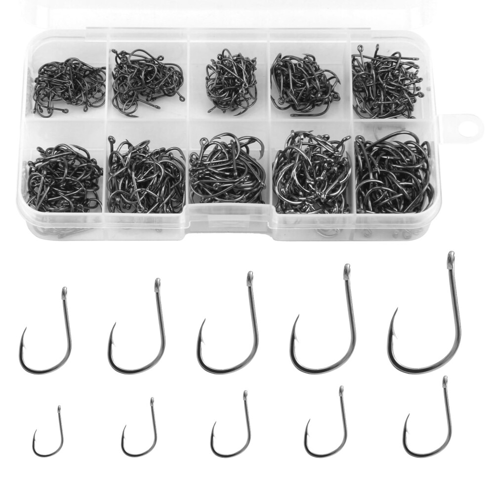 500 Pcs Fishing Hooks In 10 Sizes No.3-No.12 Carbon Steel Barbed Circle Eyed Hooks Fishing Sea Fish Eyeless Hooks Carp Fishing Tackle With Compartmen 5005306275621