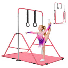 BREEZENEST Foldable Kids Gymnastics Bar Set with Mat & Rings, 4-Level Adjustable Height (89-129cm), Stable Triangular Frame, Home Gym Gear for Boys &