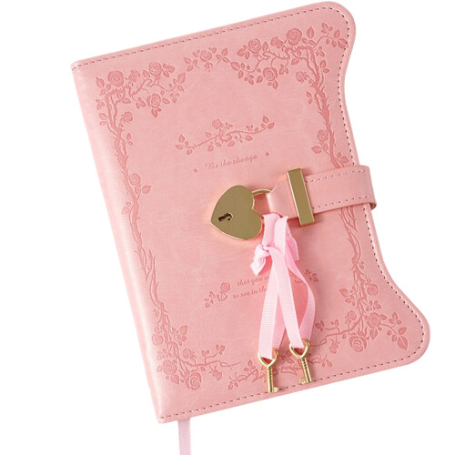 Retro Lockable Diary With Key PU Notebook Journal with 360 Pages Pen Holder Pink