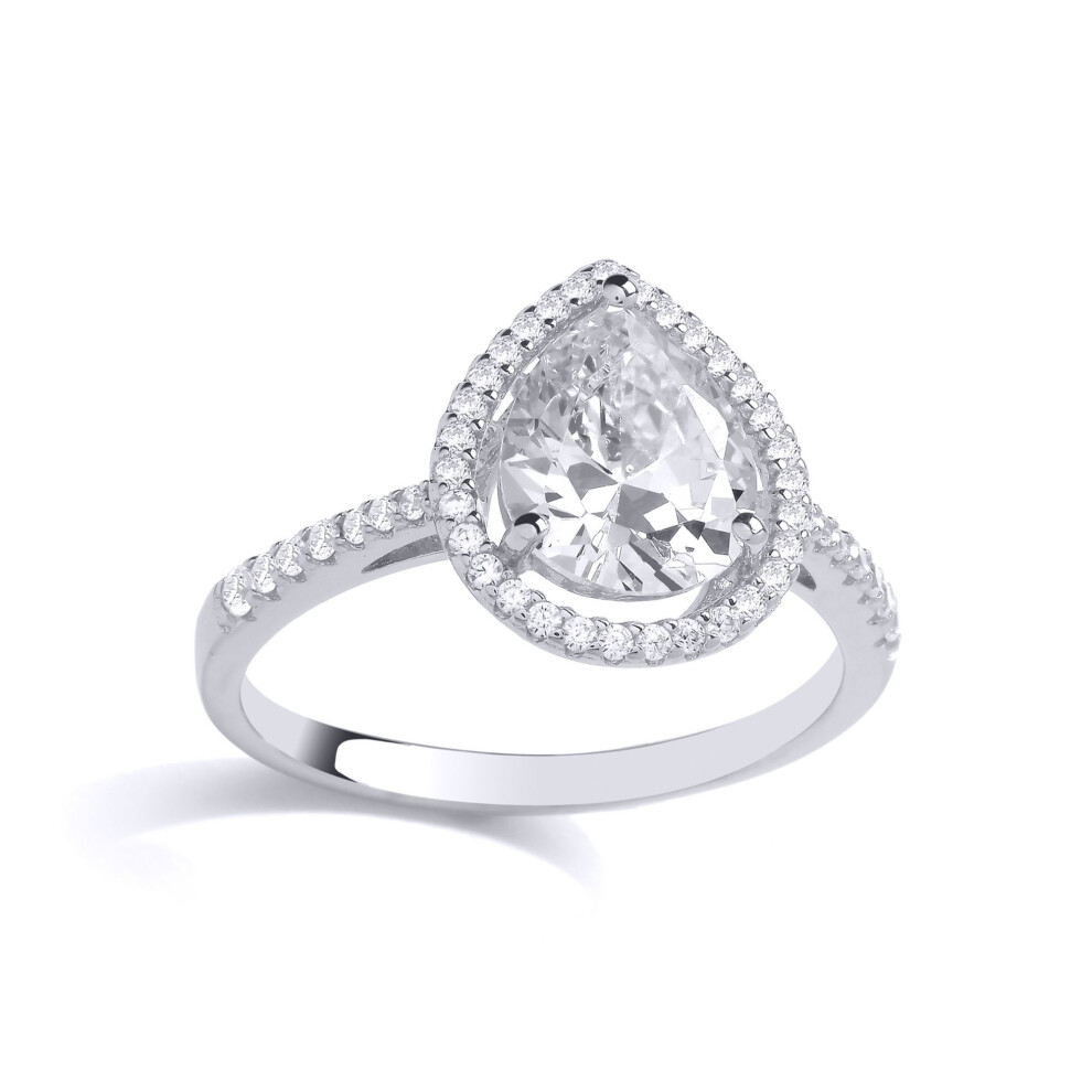 Jewelco London (O) Ladies Rhodium Plated Sterling Pear Cz Tear Droplet Halo Solitaire Engagement Ring - Gvr901 Silver