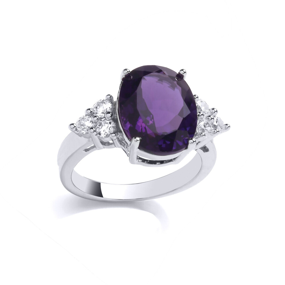 Jewelco London (P) Ladies Rhodium Plated Sterling Silver Purple Oval Cz 3 Stone Angel Wings Cluster Cocktail Ring - Gsr1000 Silver,Purple