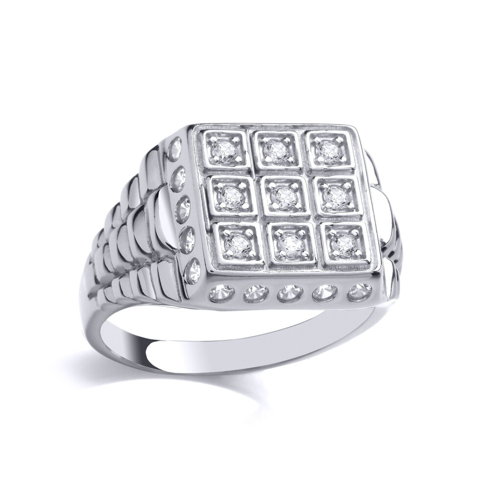 Jewelco London (Z) Mens Rhodium Plated Sterling Cz Presidential Link Edge Set Tic-Tac-Toe Watch Strap Signet Ring - Gvr921 Silver