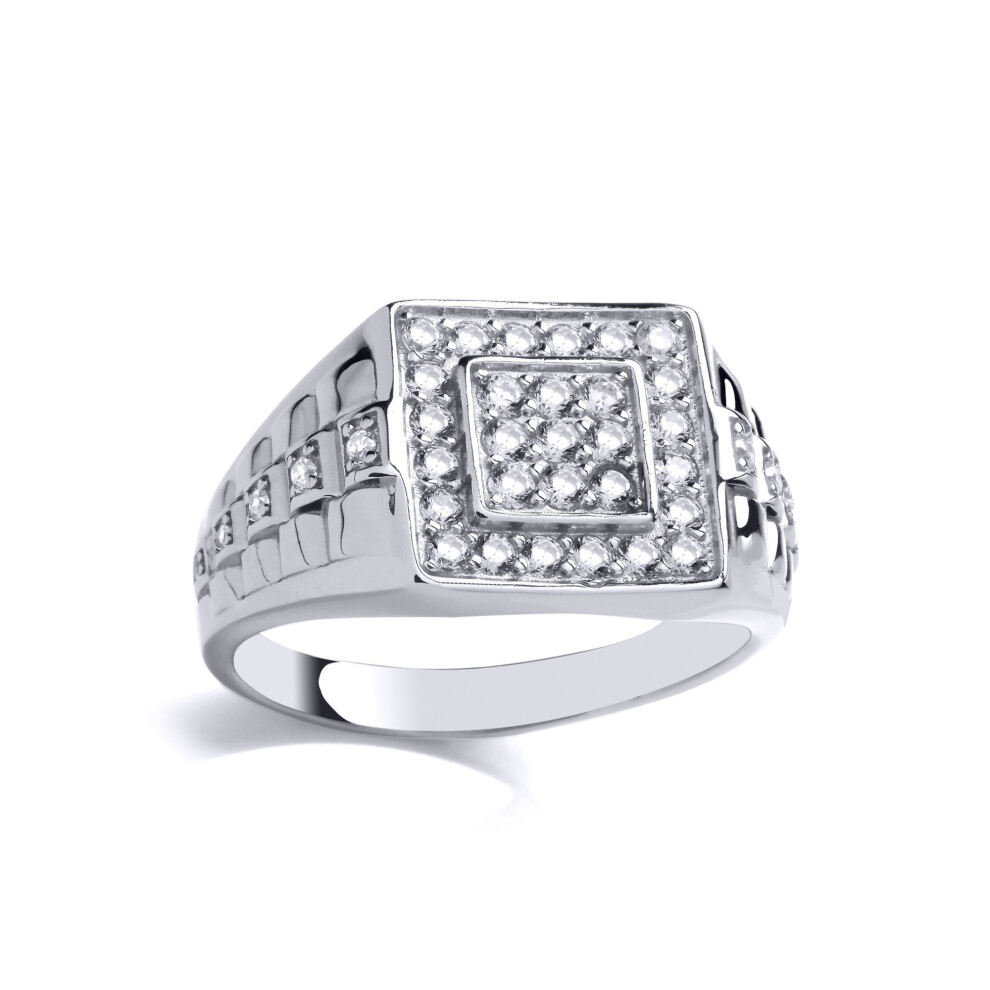 Jewelco London (W) Mens Rhodium Plated Sterling Cz Presidential Link Double Square Watch Strap Signet Ring - Gvr922 Silver
