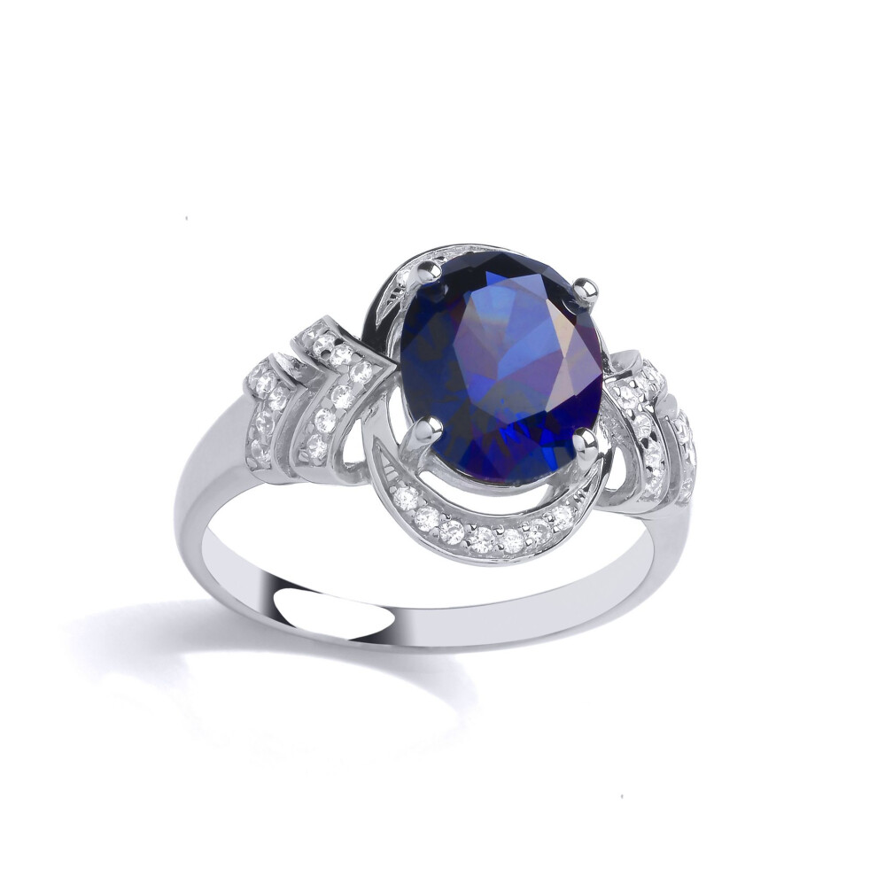 Jewelco London (O) Ladies Rhodium Plated Sterling Silver Blue Oval Cz Wishbone Crescent Moon Solitaire Cocktail Ring - Gvr898 Blue,Silver