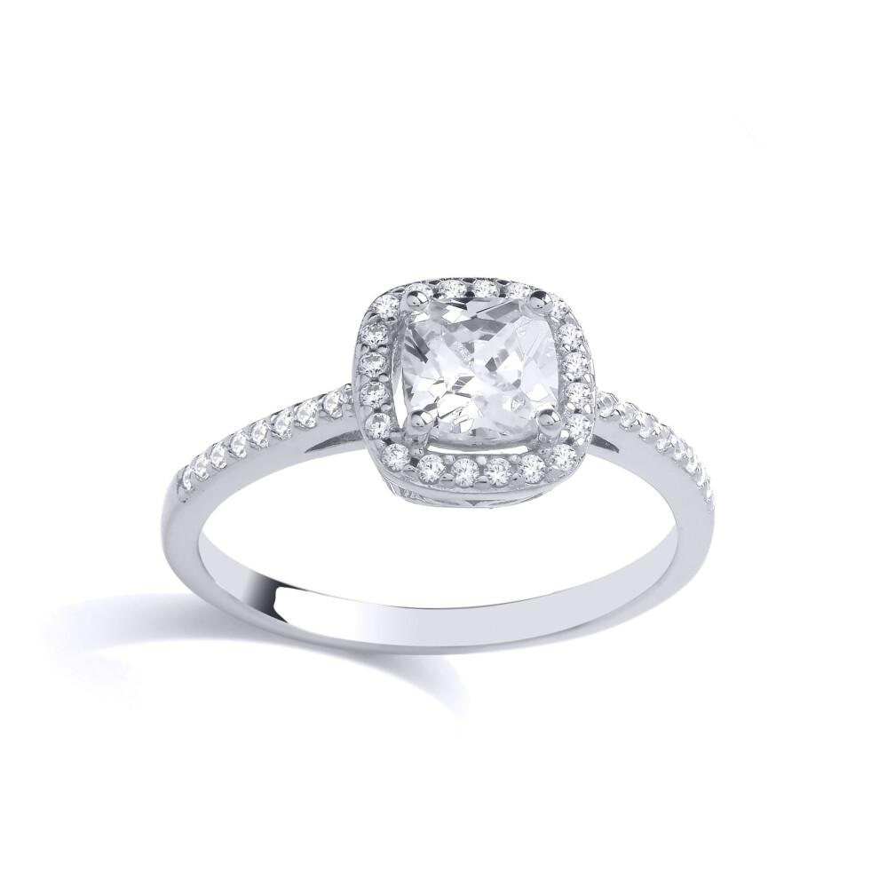 Jewelco London (O) Ladies Rhodium Plated Sterling Cushion Cz Shoulder Set Halo Solitaire Engagement Ring - Gvr911 Silver
