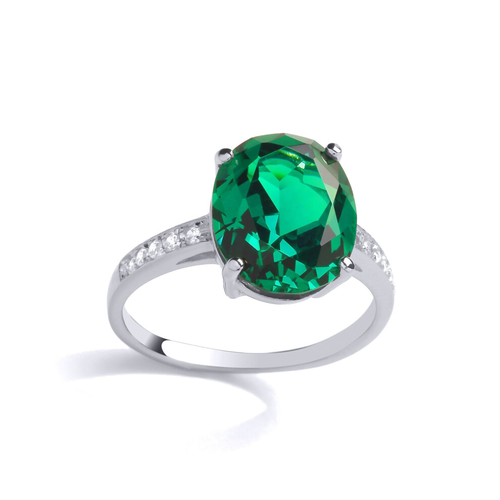 Jewelco London (Q) Ladies Rhodium Plated Sterling Silver Green Oval Cz Shoulder Set Solitaire Cocktail Ring - Gvr892 Green,Silver