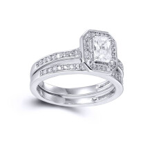 (O) Jewelco London Sterling Silver Baguette & Emerald-cut CZ Shoulder-set Octagon Halo Solitaire Wedfit Bridal Rings Set - ARN148