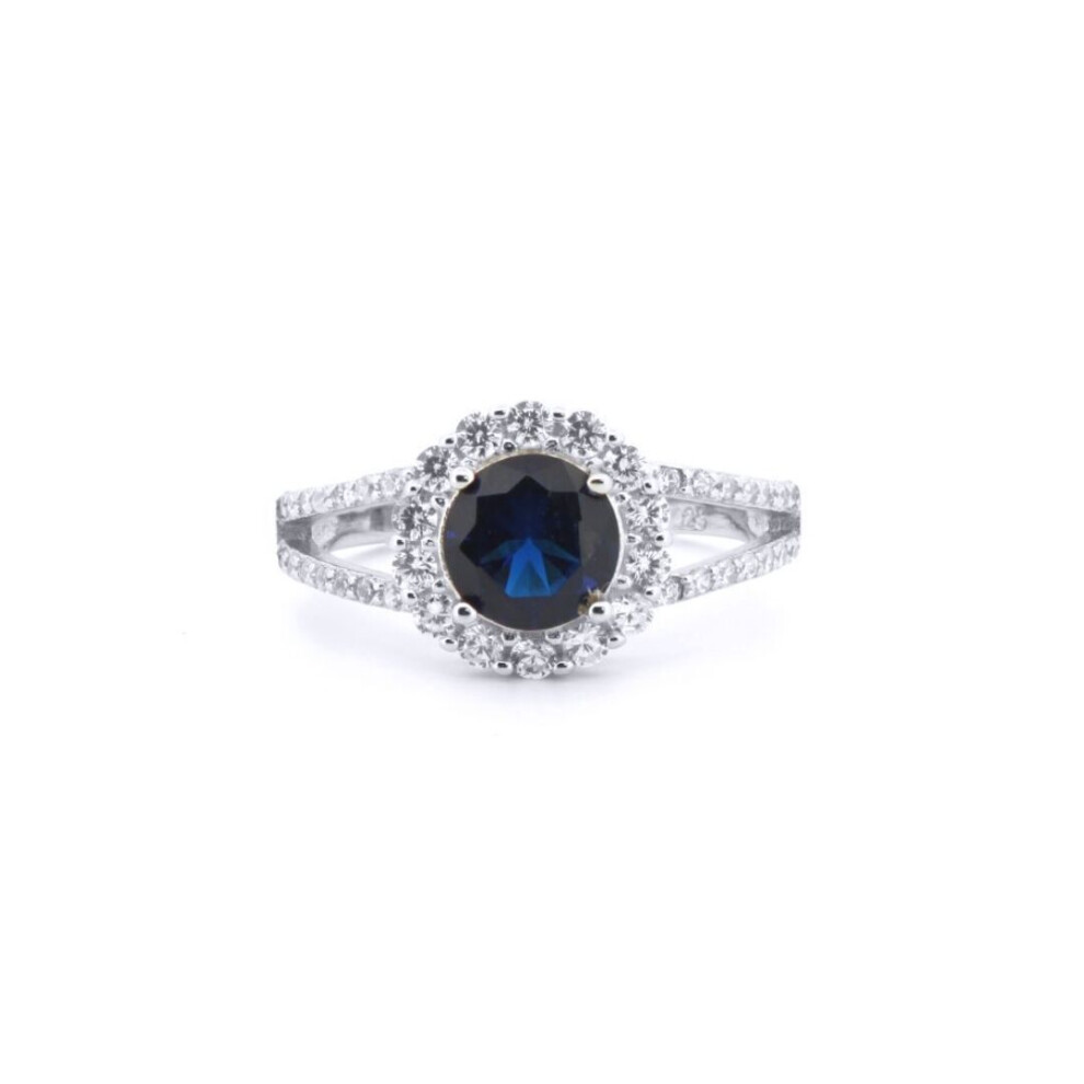 Jewelco London (N) Rhodium Silver Blue Round Brilliant Cz Split Shoulder Halo Solitaire Cluster Ring - Arn188b Blue,Silver