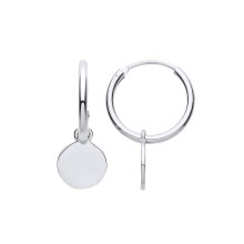 Jewelco London Ladies Rhodium Plated Sterling Silver Round Disc Tag Sleeper Hoop Drop Earrings - EAG1201