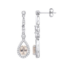 Jewelco London Ladies Rhodium Plated Sterling Silver Peach Oval Marquise CZ Raindrop Chandelier Pear Halo Drop Earrings - EAG1253
