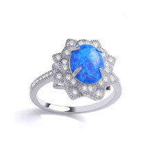 (L) Jewelco London Ladies Rhodium Plated Sterling Silver Blue Oval Opal CZ Luxury Mosaic Starry Pool Cocktail Ring - GVR882