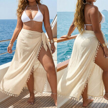 Women Full Length Tassels Beach Wrap Skirt for Beach Sunbathing and Swimming Apricot 1XL