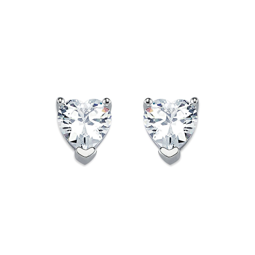 Jewelco London Rhodium Plated Sterling Heart Cubic Zirconia Solitaire Stud Earrings 8Mm - Aes054c Silver