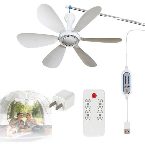 (4-speed remote control with timer function+adapter, -) Ventilateur plafond portable pliable 3m, télécommande, 6 pales, camping