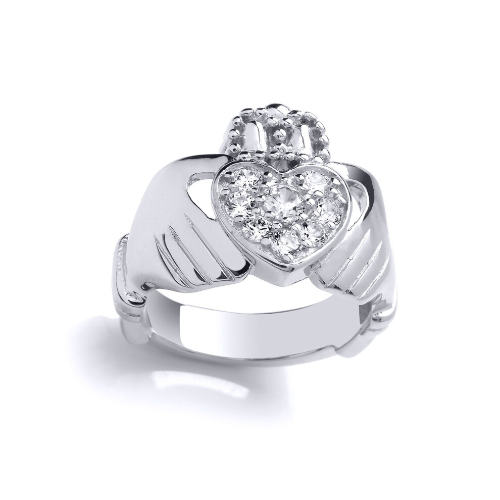 Jewelco London (N) Ladies Sterling Cubic Zirconia Love Heart Crown Claddagh Dress Ring - Gvr818 Silver