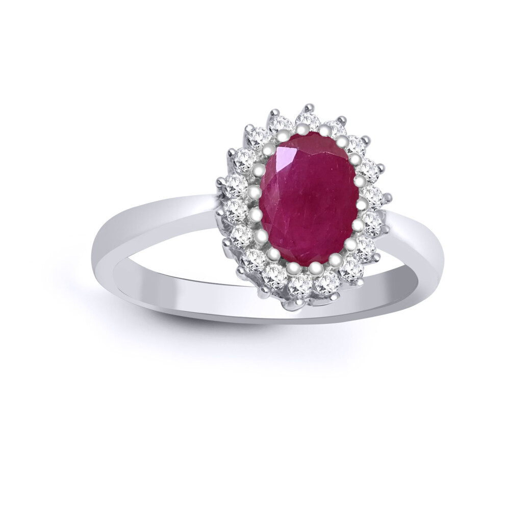 Jewelco London (O) 9Ct White Gold H I2 0.23Ct Diamond Oval Red 1.1Ct Ruby Classic Royal Cluster Ring 11Mm - 9R435 White,Red,Gold