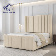 (3ft Single(with Gaslift), Cream(with Mattress)) Luxury Bed Frame Winged Panel Plush Velvet 54” Headboard Gas Lift Storage Mattress