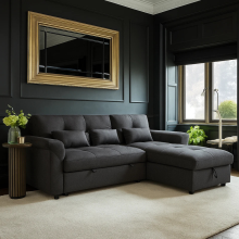 (Black Linen) Universal 4 Seater Sofa Bed Linen Corner With Storage Chaise Reversible L-Shaped