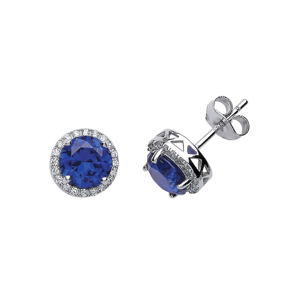 Jewelco London Ladies Sterling Sapphire-Blue Cubic Zirconia Halo Stud Earrings - Gve429 Silver