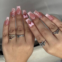 24PCS Glittering False Nail Elegant Nuded Pink French Manicure Butterfly Bows